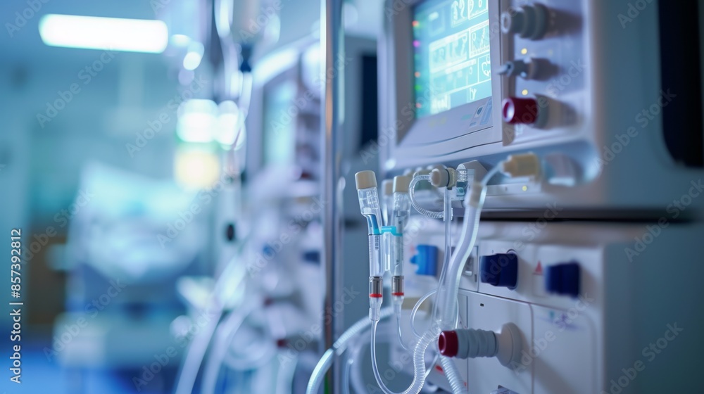 A detailed photograph of an advanced dialysis machine in use in a hospital setting A detailed photograph of an advanced dialysis machine in use in a hospital setting