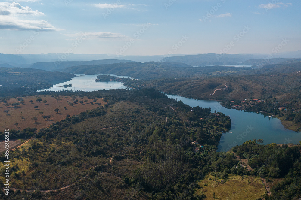 Aerial view of mountains and dam on the Rio Grande, in Pedregulho, Sao Paulo Aerial view of mountains and dam on the Rio Grande, in Pedregulho, Sao Paulo