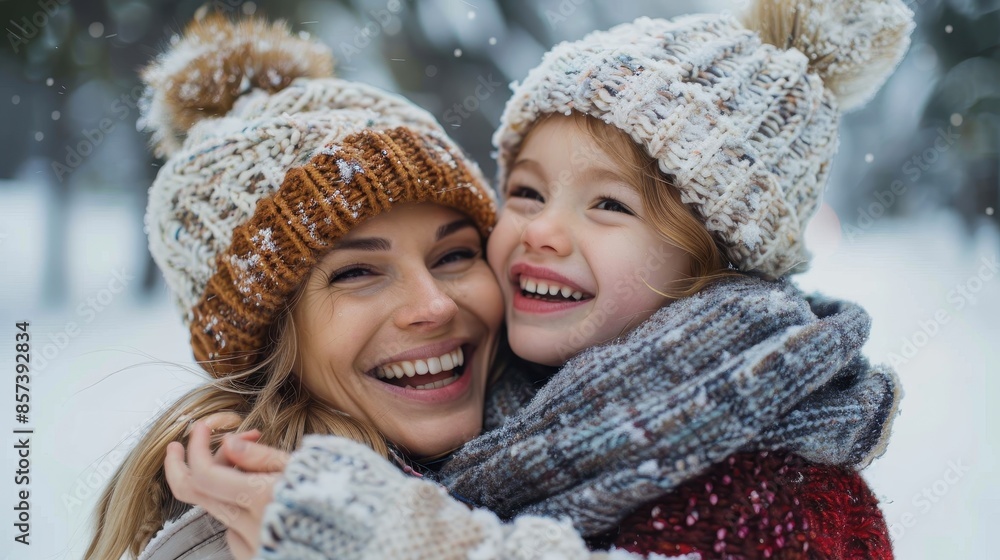 A joyful mother and daughter in knitted hats and scarves warmly embrace outdoors, surrounded by a gentle snowy backdrop, epitomizing warmth, love, and cheerful winter vibes. A joyful mother and daughter in knitted hats and scarves warmly embrace outdoors, surrounded by a gentle snowy backdrop, epitomizing warmth, love, and cheerful winter vibes.