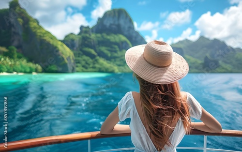 Woman looking at tropical islands landscape from yacht. Summer travel and vacation concept. Traveling and yachting.  © dreamdes