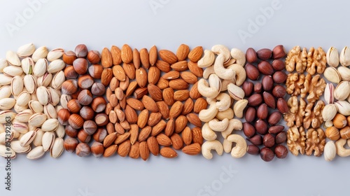 Rectangular nut arrangement on a white surface, showcasing a variety of nuts including almonds, pistachios, cashews, and walnuts, each type evenly distributed