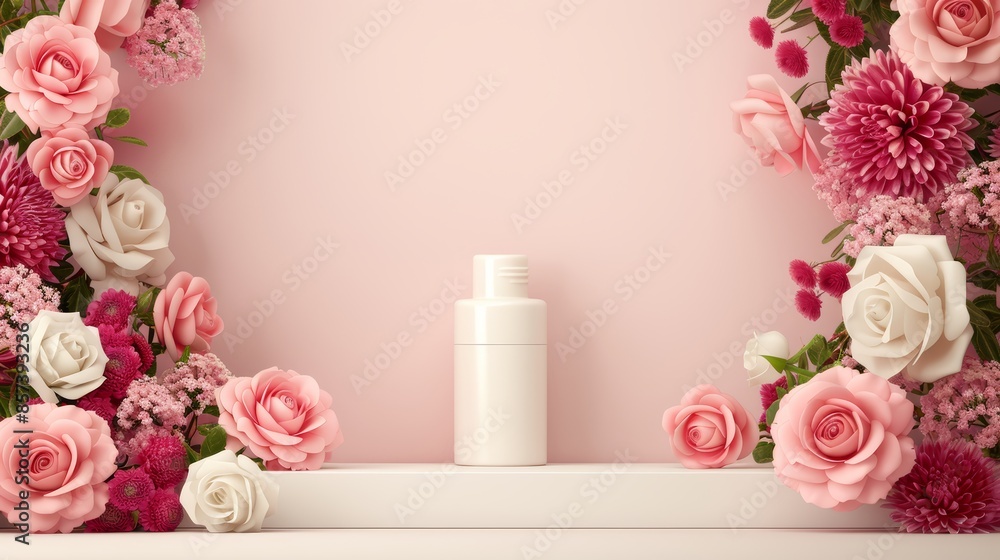 Romantic rose-themed podium set in a vibrant summer garden, perfect for displaying beauty products. White table with floral accents, perfect for valentine or easter gifts Romantic rose-themed podium set in a vibrant summer garden, perfect for displaying beauty products. White table with floral accents, perfect for valentine or easter gifts