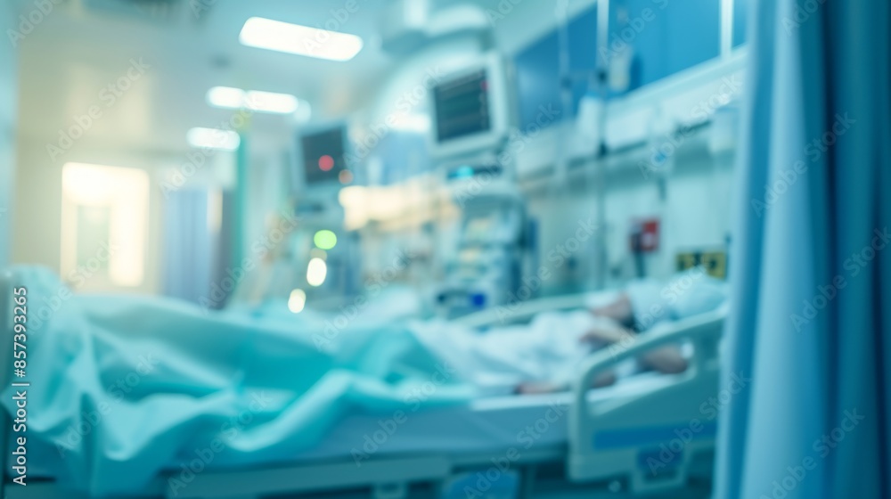 A blurred photograph of an ICU room with medical equipment and a patient in bed A blurred photograph of an ICU room with medical equipment and a patient in bed