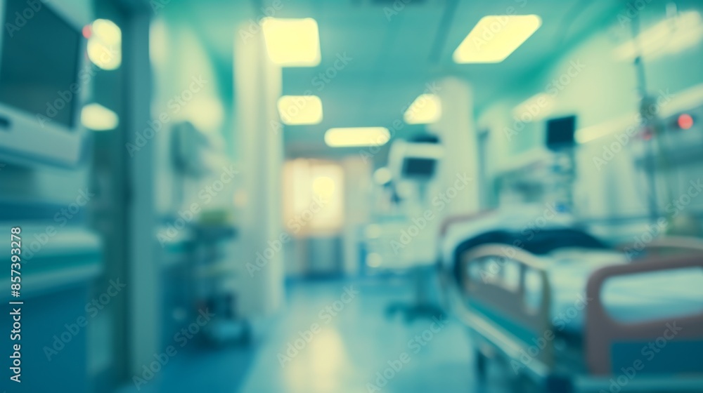 A blurred photograph of an ICU room with medical equipment and a patient in bed