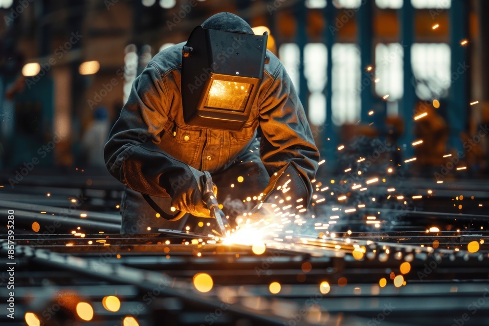 A welder in protective gear is performing welding work. ai generative A welder in protective gear is performing welding work. ai generative