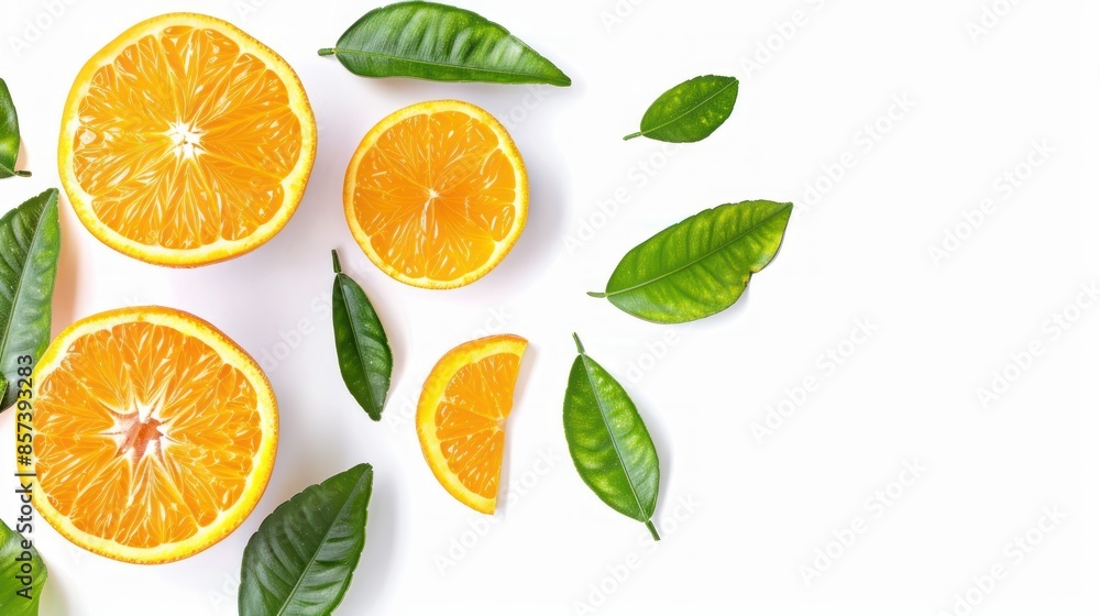 Top view orange fruit slices with leaves on white background Top view orange fruit slices with leaves on white background