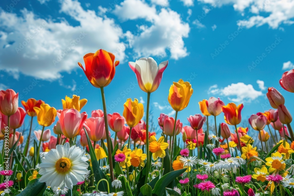 A vibrant field of blooming spring flowers with a mix of tulips, daffodils, and daisies. ai generative A vibrant field of blooming spring flowers with a mix of tulips, daffodils, and daisies. ai generative