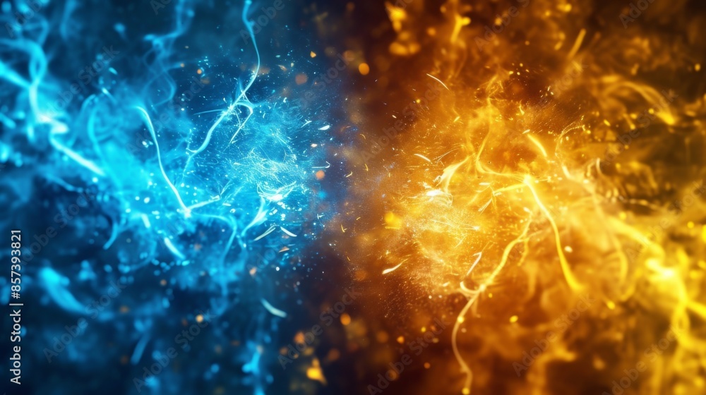 Fototapeta premium Vibrant blue and yellow sparks against a dark background