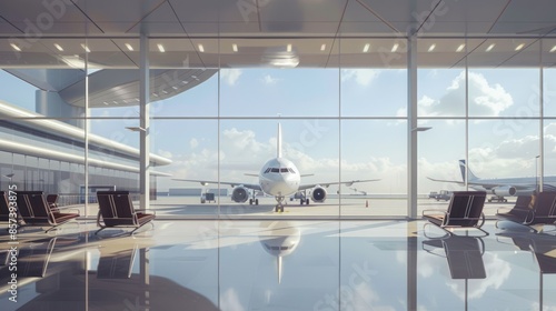 A large white airplane is sitting on the tarmac in front of a large glass window