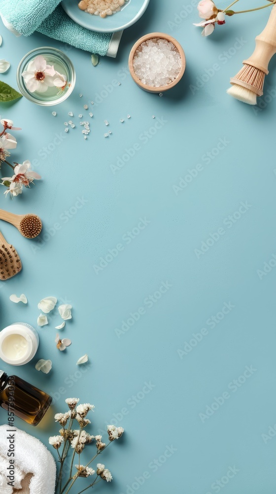 Spa essentials with mint and lemon on green background Spa essentials with mint and lemon on green background