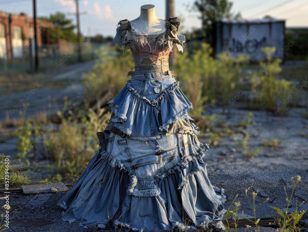 Mannequin in Upcycled Denim Dress Fashion Eco Friendly Sustainable Clothing Concept. Mannequin in Upcycled Denim Dress Fashion Eco Friendly Sustainable Clothing Concept.