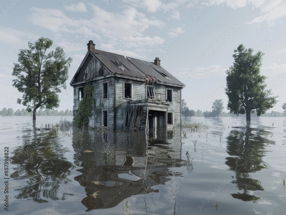 Lone House Standing in Vast Floodwater, Remote Scenic Landscape Photo. Lone House Standing in Vast Floodwater, Remote Scenic Landscape Photo.