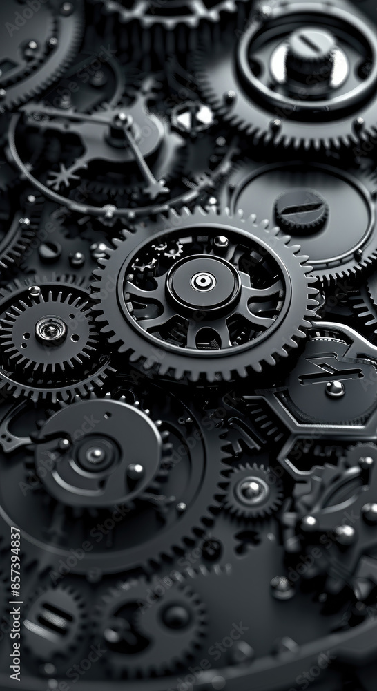 The intricate details of the mechanism of a mechanical clock, plenty of gears, carbon black with some silver details, insanely detailed, perfect geometry. Generative AI. The intricate details of the mechanism of a mechanical clock, plenty of gears, carbon black with some silver details, insanely detailed, perfect geometry. Generative AI.