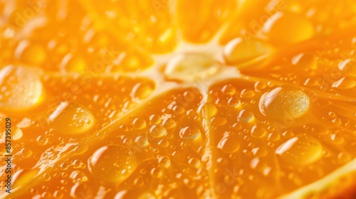 Closeup slice of orange fruit with water droplets texture background