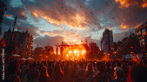 Concert crowd at a summer music festival in front of a live stage. Live, rock concert, party, festival night crowd cheering, stage lights.