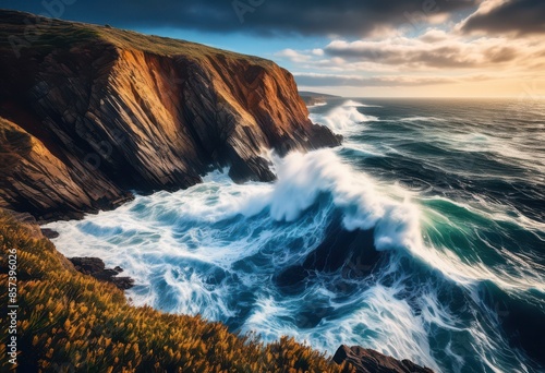 dramatic cliffside overlooking crashing ocean coastal landscape nature scene, waves, sea, shoreline, majestic, rugged, seaside, scenery, picturesque, horizon photo