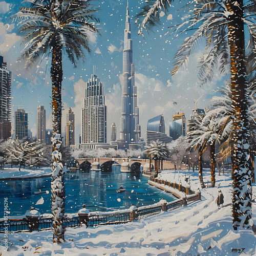 A painting of a cityscape covered in snow with palm trees in the foreground