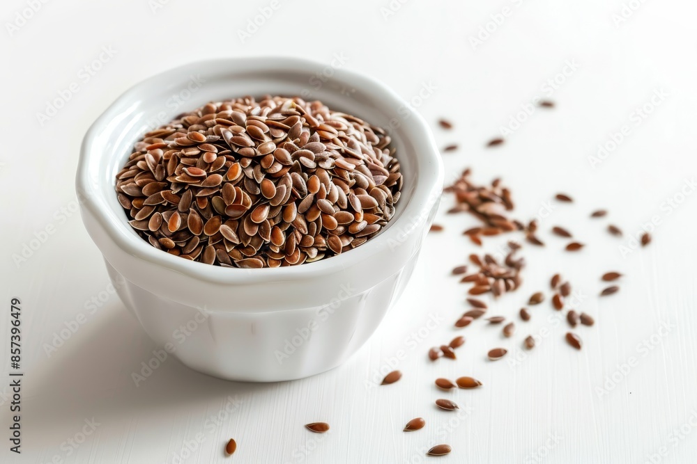 Flax seeds in white bowl on white surface Flax seeds in white bowl on white surface