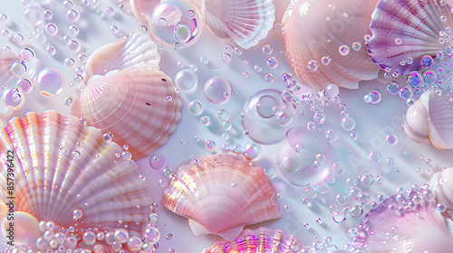 An artistic arrangement of various seashells and pearls on a soft, pastel background, showcasing marine treasures in a beautiful and serene composition