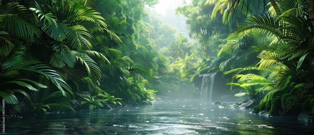 Tropical rainforest with dense canopy and flowing river Tropical rainforest with dense canopy and flowing river