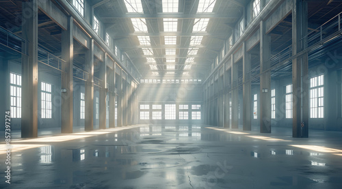 A huge industrial space made of cement, vintage high tech, practical light. Generative AI.