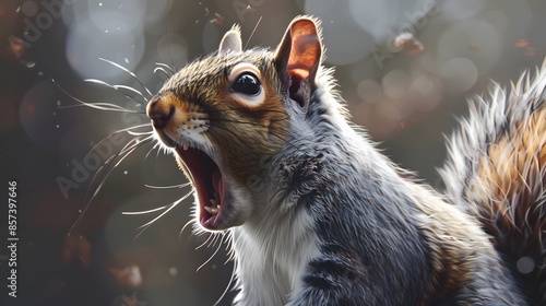 Close up of a grey squirrel yawning.  photo