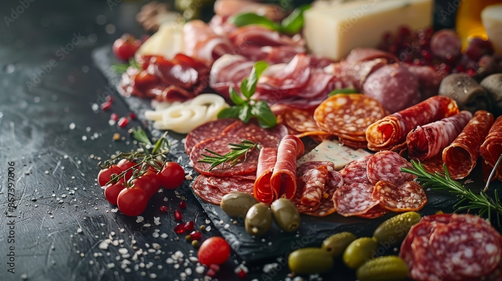 A platter with salami, olives, assorted meats, and cheeses displayed on a table A platter with salami, olives, assorted meats, and cheeses displayed on a table