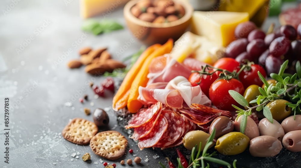 A selection of cheeses, meats, veggies, crackers, and nuts are artfully arranged on the table A selection of cheeses, meats, veggies, crackers, and nuts are artfully arranged on the table