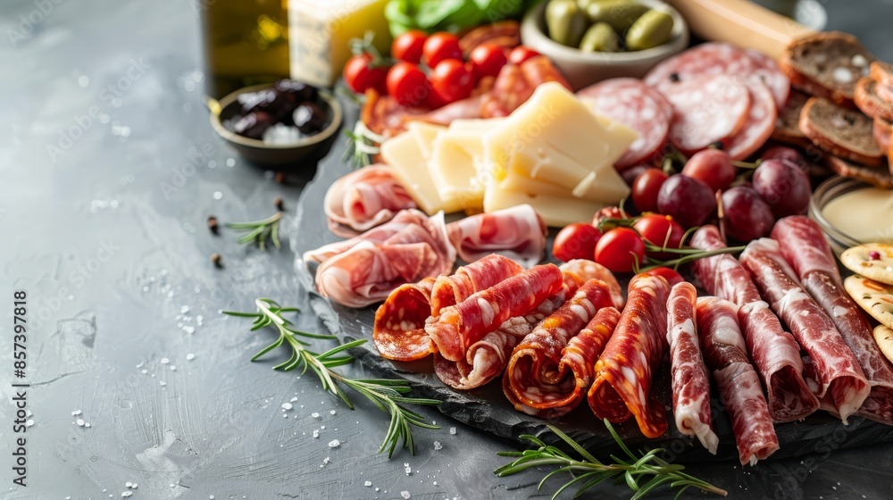 A platter of meats, cheeses, olives, breads, and olives with a bottle of extra-virgin olive oil A platter of meats, cheeses, olives, breads, and olives with a bottle of extra-virgin olive oil
