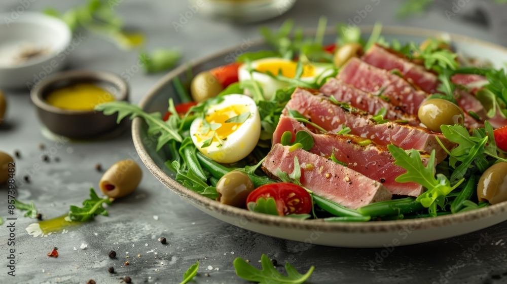 A tight shot of a plate displaying meat and vegetables on a table Olives and an egg are adjacent A tight shot of a plate displaying meat and vegetables on a table Olives and an egg are adjacent