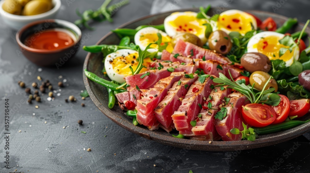 A tight shot of a laden plate with meat, eggs, tomatoes, and other dishes on a table A tight shot of a laden plate with meat, eggs, tomatoes, and other dishes on a table