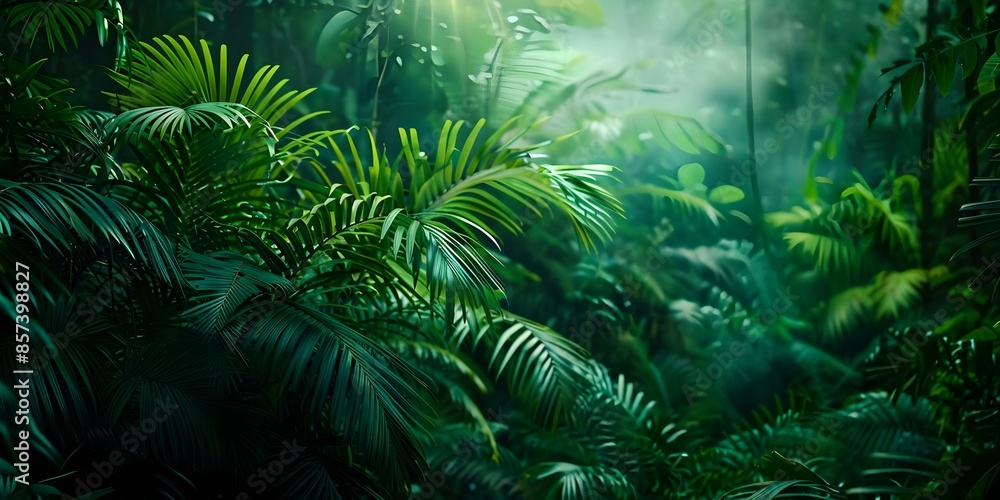 Abstract lush rainforest background with dominant deep green tones after heavy rain. Concept Rainforest, Nature, Green Tones, Abstract Background, Lush Forest Abstract lush rainforest background with dominant deep green tones after heavy rain. Concept Rainforest, Nature, Green Tones, Abstract Background, Lush Forest
