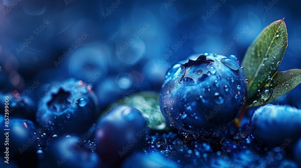 Close-up of a blueberry with water droplets and a green leaf atop Close-up of a blueberry with water droplets and a green leaf atop