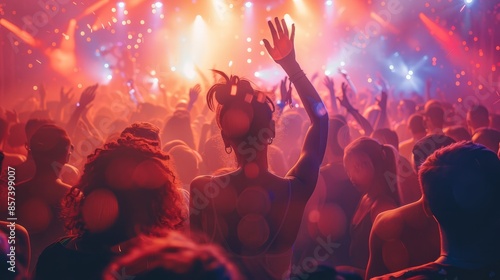 Party goers dancing at a rave. Generative AI.