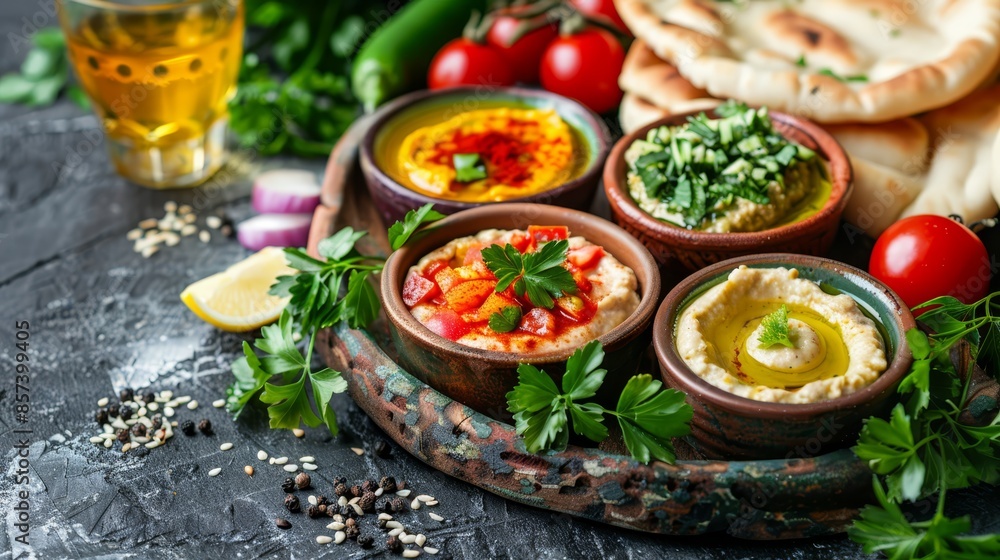 A platter of hummus, pita bread, tomatoes, parsley, and olives A platter of hummus, pita bread, tomatoes, parsley, and olives