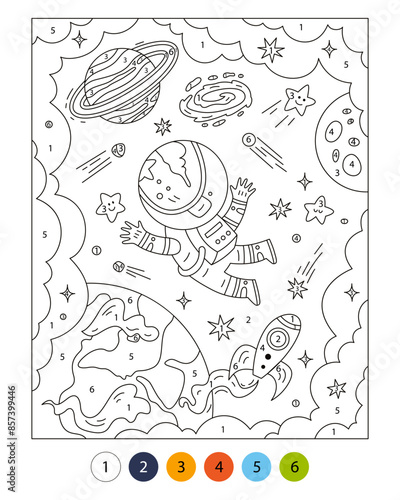 Space Activity pages for kids. Color by numbers.  Vector outline illustration. Astronaut in space. Sky, galaxy, planets, stars, cosmos