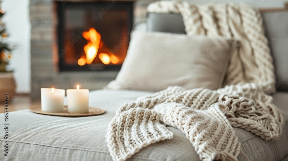 A blanket and two candles on a couch in front of a fireplace Christmas tree visible in the background A blanket and two candles on a couch in front of a fireplace Christmas tree visible in the background