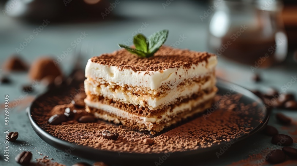 A cake slice, topped with chocolate chips, crowned by a mint leaf A cake slice, topped with chocolate chips, crowned by a mint leaf