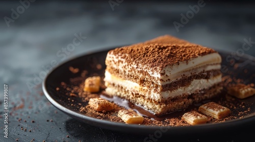  A cake topped with chocolate and marshmallow, sits atop a table-bound plate