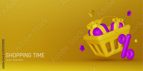 Shopping bag. Fashion pink handbag with handle and gifts. 3d vector Icon. Realistic Elements for romantic design