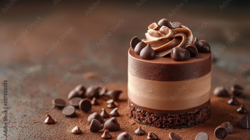 A tight shot of a cake on a table, adorned with chocolate chips at its edge A tight shot of a cake on a table, adorned with chocolate chips at its edge