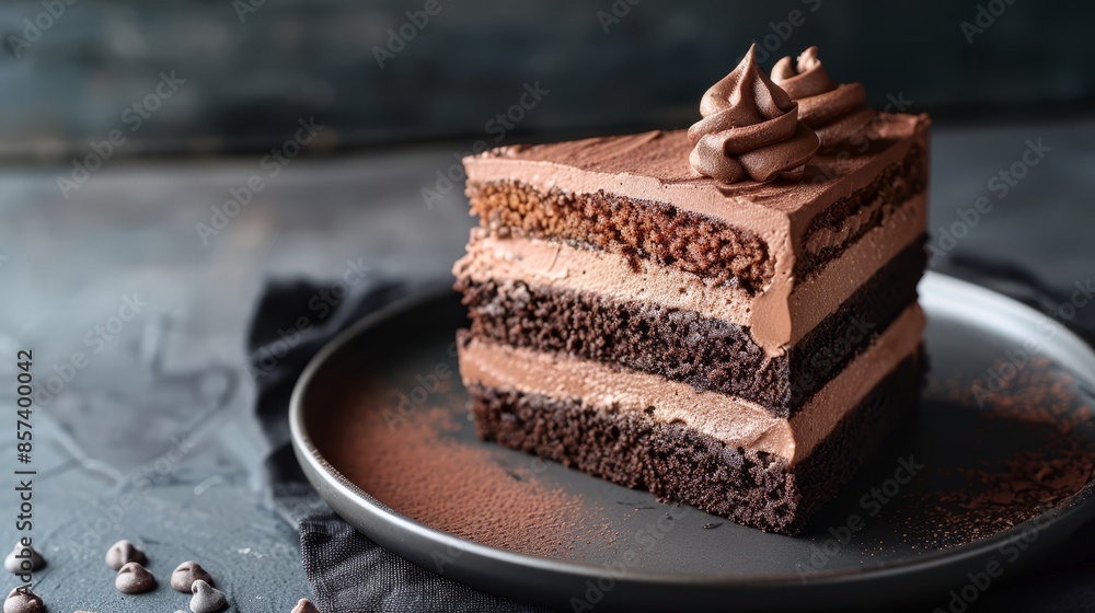 A chocolate cake slice topped with chocolate frosting, surrounded by chocolate chips on the plate A chocolate cake slice topped with chocolate frosting, surrounded by chocolate chips on the plate