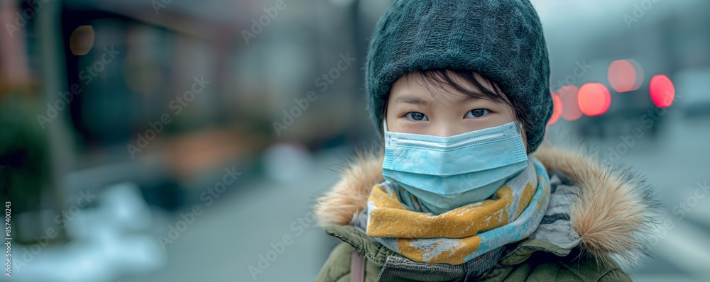A child bundled in winter attire stands on a snowy city street with blurred lights A child bundled in winter attire stands on a snowy city street with blurred lights