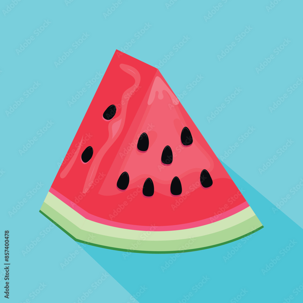 Flat design vector illustration of cut piece of watermelon on lightblue background Flat design vector illustration of cut piece of watermelon on lightblue background
