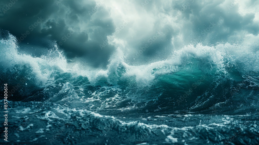 A sizable wave in a water expanse against a backdrop of ominous dark sky, dotted with cottony white clouds A sizable wave in a water expanse against a backdrop of ominous dark sky, dotted with cottony white clouds
