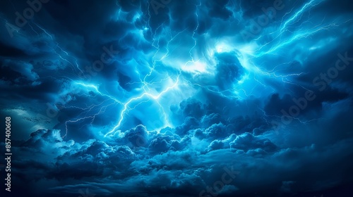  A blue sky dotted with numerous clouds, illuminated by frequent flashes of lightning and brilliant bolt strikes