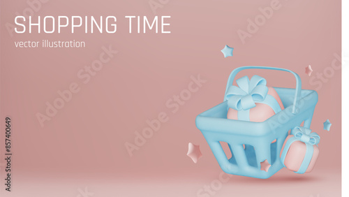 Shopping bag. Fashion pink handbag with handle and gifts. 3d vector Icon. Realistic Elements for romantic design