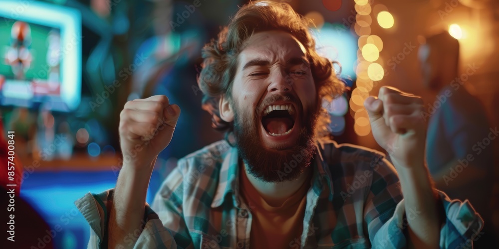 A young man with a beard expressing genuine joy at his preferred team's triumph. Man enjoying himself after placing a successful wager on an online sports betting software on his smartphone. A young man with a beard expressing genuine joy at his preferred team's triumph. Man enjoying himself after placing a successful wager on an online sports betting software on his smartphone.
