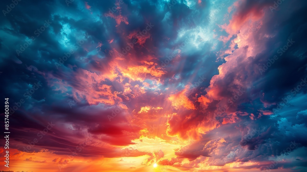 The sun sets over the ocean, painting the sky with red, yellow, blue, and green clouds The sun sets over the ocean, painting the sky with red, yellow, blue, and green clouds