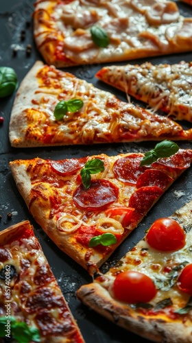 Variety of gourmet pizza slices on dark background, close-up view. Italian cuisine and food styling concept